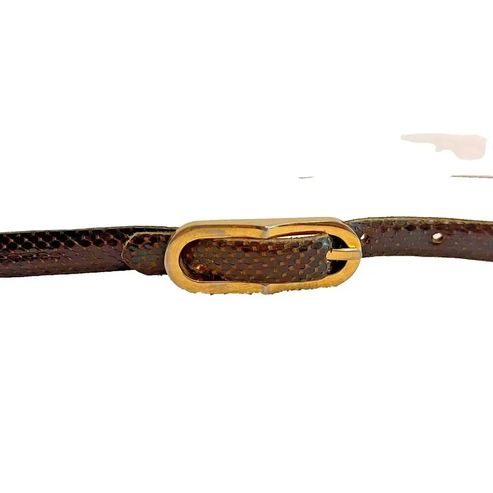 Vtg Reptile Veritable Belt Brown Snakeskin Skinny Leather Gold Plate Buckle 1/2" - Picture 1 of 12